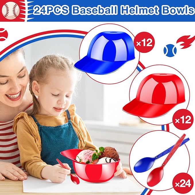 24 Pack Baseball Helmet Ice Cream Bowls with Spoons,8 oz Plastic Baseball Helmet Snack Dessert Bowl,Mini Baseball Cap Bowls for Ice Cream Party Supplies Birthday (Red,Bule)