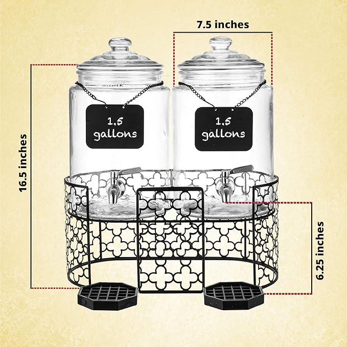 Dual 1.5 Gallon Glass Beverage Dispensers for Parties with Decorative Metal Stand, Stainless Steel Spigot,- Double Drink Dispenser Station for Parties, Weddings, Holidays