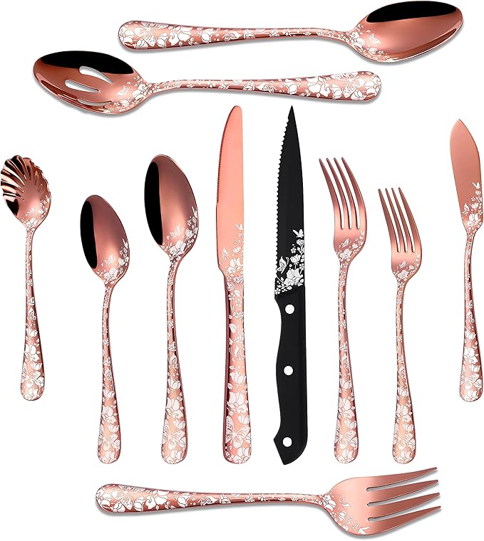 Stapava 53-Piece Copper Silverware Set with Serving Utensils for 8, Stainless Steel Rose Gold Flatware Cutlery Set, Mirror Eating Utensils Tableware with Butterfly Flower Laser, Dishwasher Safe