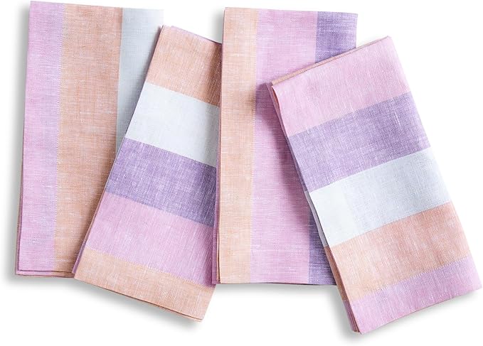 Solino Home Linen Cloth Napkins Set of 4-100% Pure Linen Multicolor Gelato Stripe Dinner Napkins 20 x 20 Inch - Handcrafted and Machine Washable