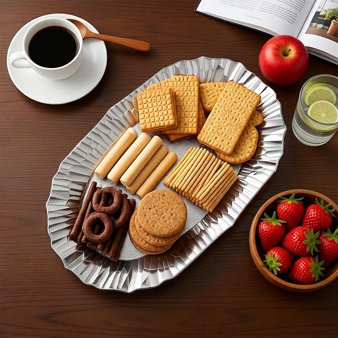 AVLA 6 Pack Plastic Serving Tray, Silver Serving Platter, Reusable Party Snack Serving Tray, Decorative Food Appetizer Platters for Dessert Table, Cupcake, Charcuterie, Cookies, 14" x 8.5"