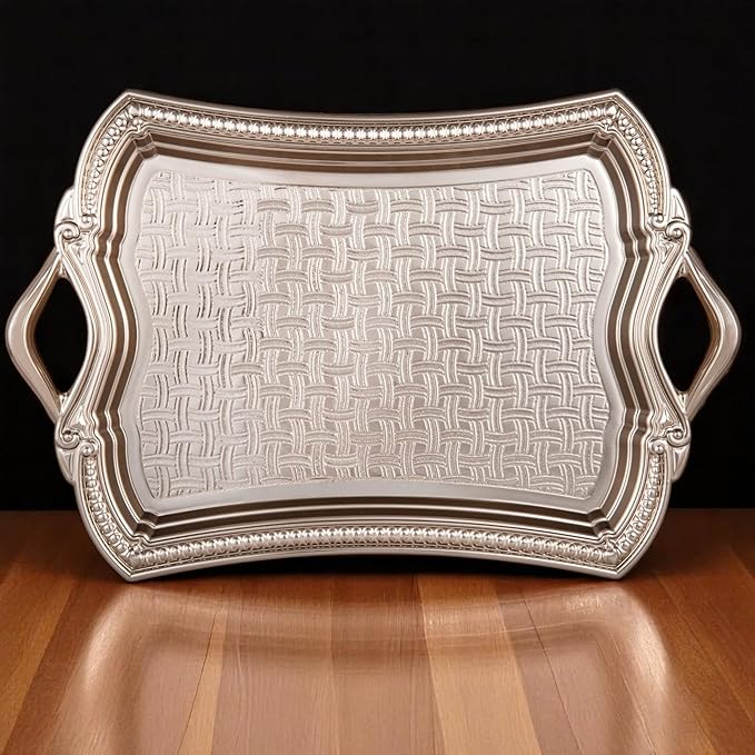 Alisveristime 2-Person Rectangular Metal Serving Tray – Ottoman Motif, (14.6" x 9", 13.1 oz) (Silver)