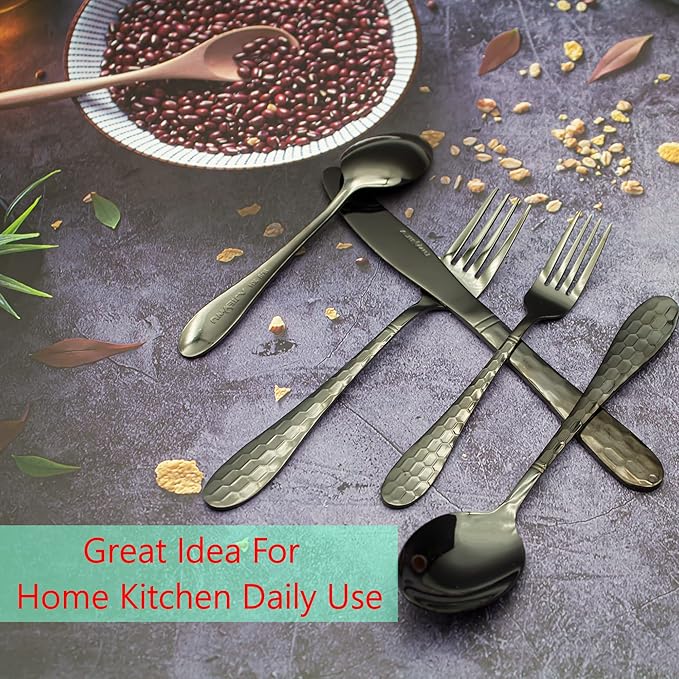 40PCS Black Silverware Set for 8, 18/10 Stainless Steel Flatware for 8, Elegant Honeycomb Design Tableware Cutlery Include Knife/Fork/Spoon Service for 8, Mirror Polished, Dishwasher Safe (Black)…
