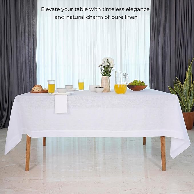 D'Moksha Homes White Linen Tablecloth 60 x 120 Inch - 100% Pure Linen Tablecloth for Rectangle Tables - Machine Washable Table Cloth for Winter, Christmas, Holiday, New Year