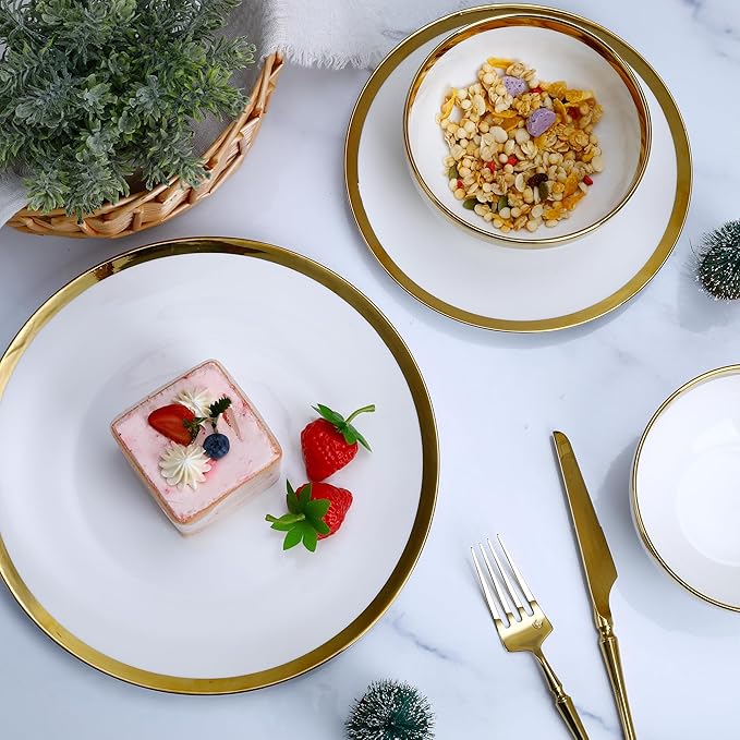 Luxury 12-Piece white Dinnerware Set with Gold Rim for 4,Elegant White bone china Porcelain Plates & Bowls, Microwave and Dishwasher Safe, Chip Resistant Fine Dining Set