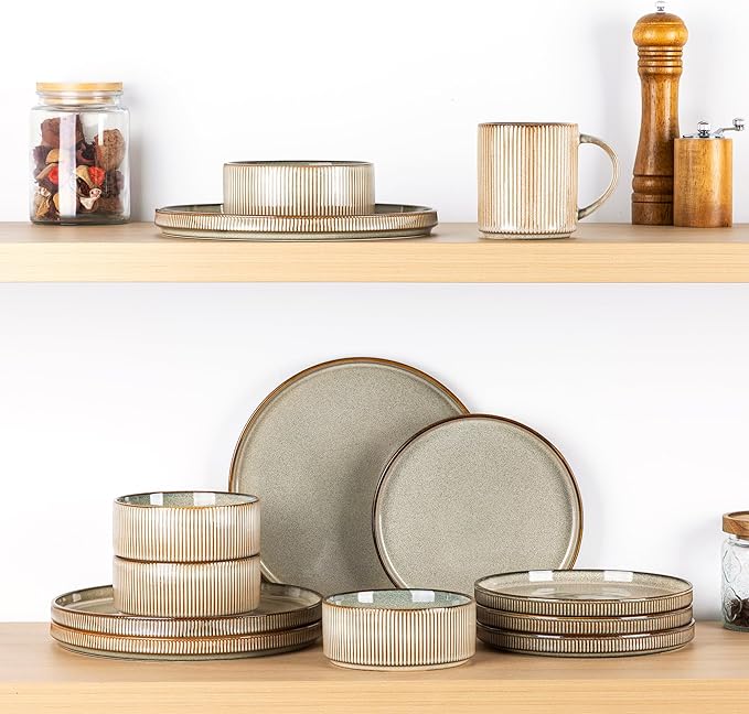 GBHOME 24-Piece Stoneware Dinnerware Set for 8 – Ribbed Ceramic Plates and Bowls, Scratch-Resistant, Microwave & Dishwasher Safe, Reactive Glaze, Mist Green