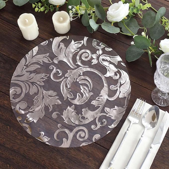 20 Pack 13" Silver Sheer Organza Placemats - Round Floral Foil Design Disposable Elegant Perfect for Parties and Events