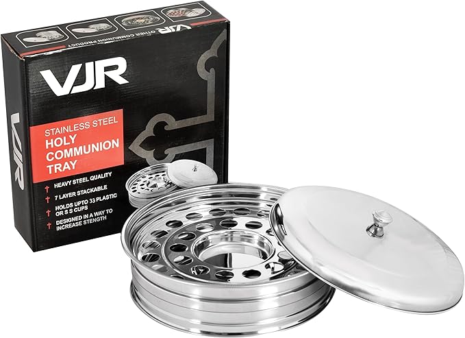 VJR Communion Tray Set with Bread Plate & Cover – Polished Stainless Steel Drink Serving Set – Church Communion Plates and Tray Set