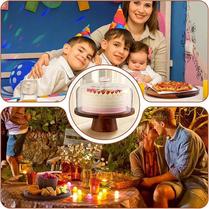 Acacia Wood Cake Stand with Glass Lid – 12" Magnetic Base, Detachable Serving Tray for Cake, Cheese, Charcuterie, Snacks & Desserts – Wooden Cake Holder for Parties & Kitchen Display