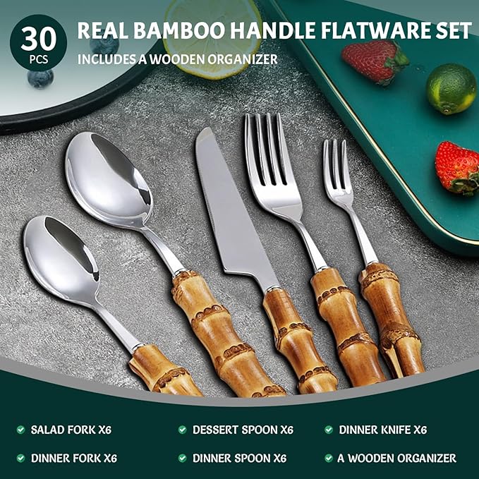 Bamboo Silverware Set for 18, 90 Piece 18/8 Stainless Steel Cutlery Set, Natural Bamboo Handle Cutlery Sets, Household Kitchen Utensil for 18, Flatware Sets, Dishwasher Safe (90pcs)