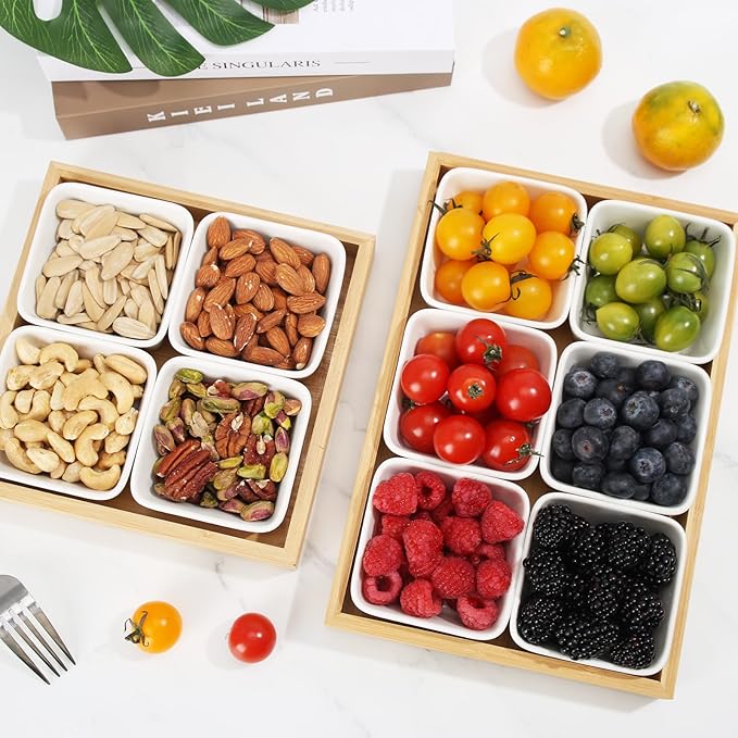 Ceramic Snack Bowls with Bamboo Tray Set,Divided Serving Bowls and Platters for Hosting & Party,Removable Serving Dishes for Chips and Dip,Fruit,Veggies,Candy and Snacks Kitchen Decor (4)