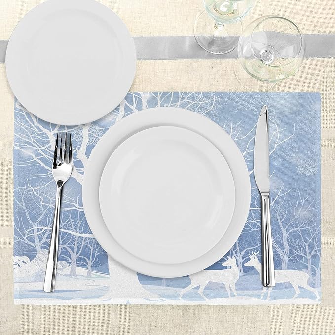 Ambesonne Winter Place Mats Set of 4, Abstract Winter Imagery with Snowy Weather Deer and Other Animals Seasonal Theme, Washable Fabric Placemats for Dining Table, Standard Size, Baby Blue