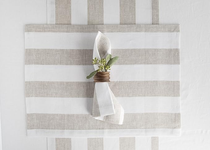 Solino Home Linen Napkins Set of 4-100% Pure Linen Cabana Stripe Natural and White Cloth Dinner Napkins 20 x 20 Inch for Christmas, Holiday, New Year - Handcrafted and Machine Washable