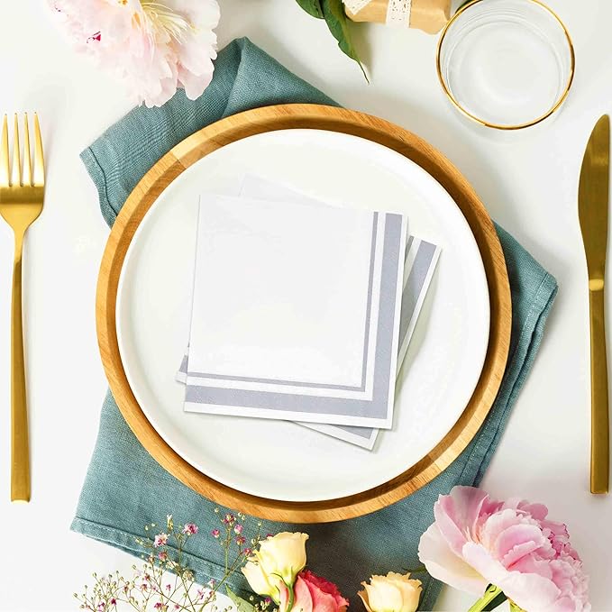 Gift Boutique Gray and White Cocktail Napkins – 120 Pack 5 x 5 Inch 3-Ply Disposable Lined Beverage Napkins for Parties, Weddings, Anniversaries, Events, and Special Occasions