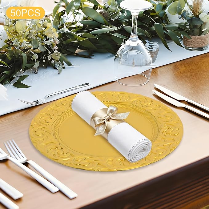 50 Pcs Antique Charger Plates Bulk 13" Round Floral Chargers for Dinner Plates, Gold Charger Plates for Wedding, Party, Elegant Tabletop Decor (Gold)
