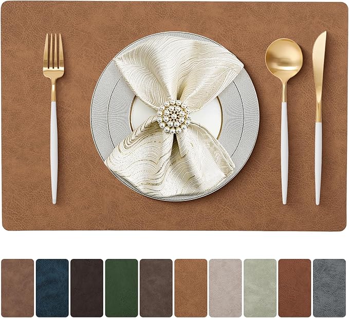 Placemats Set of 4 - Faux Leather 100% Waterproof Oil-Proof Wipeable PU Place Mats, Heat Resistant Reversible Table Mats for Kitchen, Dining, Outdoor (Khaki)