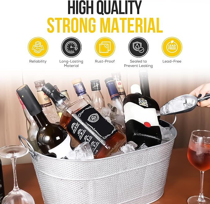 18” Stainless Steel Beverage Tub - 5 Gallon - Gold Handles & Shovel Included - Holds 30 Bottles & Stays Cold for Hours - Use as Wine Bottle Chiller to Beer Bucket Holder - Leak Proof (Silver)