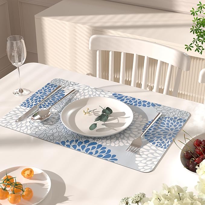 QIYI Placemats Set of 6, 12x18 Inch PU Leather Place Mats for Kitchen Dinning, Heat Resistant Anti Slip Flower Table Mats, Waterproof Wipeable Washable Placemat Party Table Décor, Blue Floral Burst
