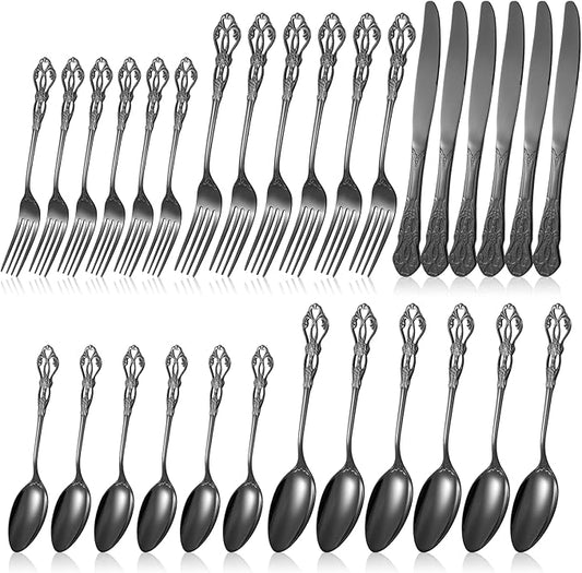 30 Pcs Black Silverware Set, Gorgeous Retro Royal Flatware Set for 6, Stainless Steel Mirror Polished Flatware Cutlery Set Includes Fork,s Spoons and Knives, Dishwasher Safe Utensils