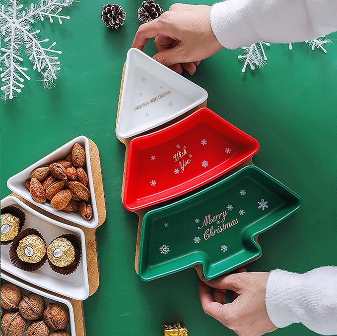 Colorful 11.6 Inches Big Colorful Snack Appetizer Trays Set, Christmas Tree Dessert Serving Dishes, Snack Platter, 3 pcs Removable Porcelain Plates with Bamboo Tree Tray