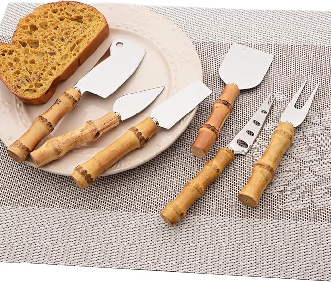 Gugrida Flatware Silverware Serving Set Silver Stainless Steel Hostess Serving Utensil Set with Bamboo Handle Dishwasher Safe, 6pieces Cheese Knife Set