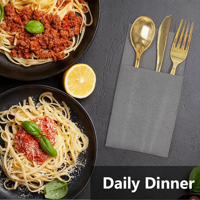 Dove Grey Linen Feel Napkins with Flatware Pocket, 50 Pack Cloth Like Pre-Folded Napkins for Silverware, Guest Hand Towel for Dinner Party Wedding Decoration (16. x 15.5 inch)