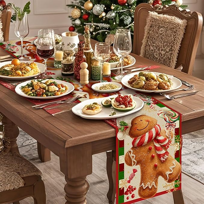 Christmas Gingerbread Table Runner Seasonal Winter Kitchen Dining Linen Table Decoration for Indoor Outdoor Home Party Decor 13 x 72 Inch