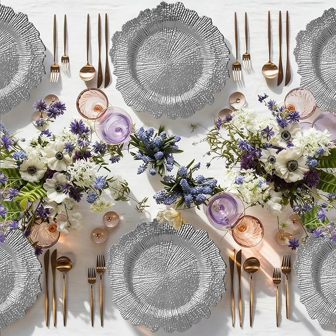 PROY 100 Pcs Silver Charger Plates Bulk, 13" Silver Reef Charger Plates for Wedding, Thanksgiving, Christmas, Plastic Chargers for Dinner Plates