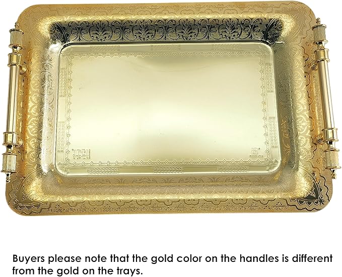 (Pack of 2) 15.7 inch x 11 inch Oblong Iron Gold Plated Mirror Serving Tray with Handles Floral Engraved Decorative Party Birthday Dessert Wine Decor Platter Plate Base Dish NC-014