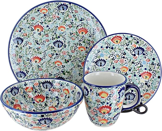 Blue Rose Polish Pottery - Green Desert Oasis 16 Piece Dinner Set - 4 Place Settings - Great for Everyday Dining, Casual Dining, or as Formal Dinnerware
