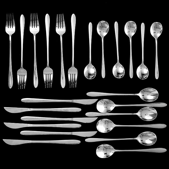 Moss & Stone 24 pcs Silverware Set For 6, Stainless Steel Flatware Set, Utensils Set Mirror Polished Includes Fork Spoon Knife & Tea Spoon, Modern Silverware Set