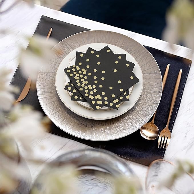 80 Pack of White Paper Cocktail Napkins with Gold Foil Polka Dot Confetti，Polka Dot Party Supplies(5 x 5 in，3-ply) (Black)