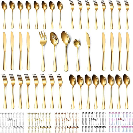 Kyraton Gold Silverware Set 45 Pieces Service for 8,Titanium Golden Plating Flatware Sets Cutlery Set, Spoons and Forks Silverware Dishwasher Safe, First Apartment Must Haves Utensils Set