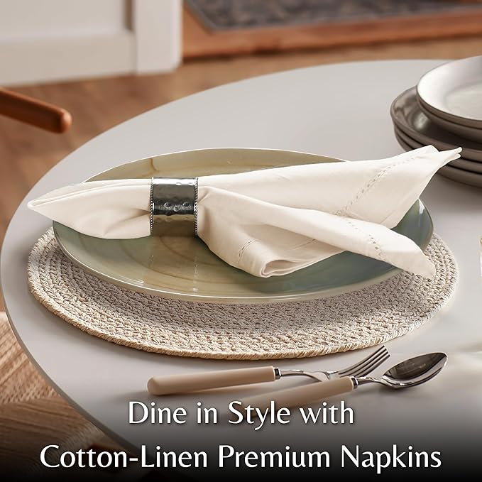 Ramanta Home Natural Cloth Dinner Napkin Set of 4-20x20 Inch, Premium Cotton Linen Flax Hemstitched Napkins, Soft Durable Washable for Everyday Use Thanksgiving Christmas Parties Halloween