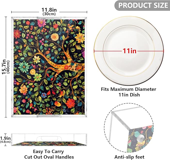 Serving Tray with Handles Clear Acrylic Tray 12x16 Inch Decorative Rectangular Tray Organizer for Ottoman Coffee Table Bathroom Tree of Life Floral Leaves Black