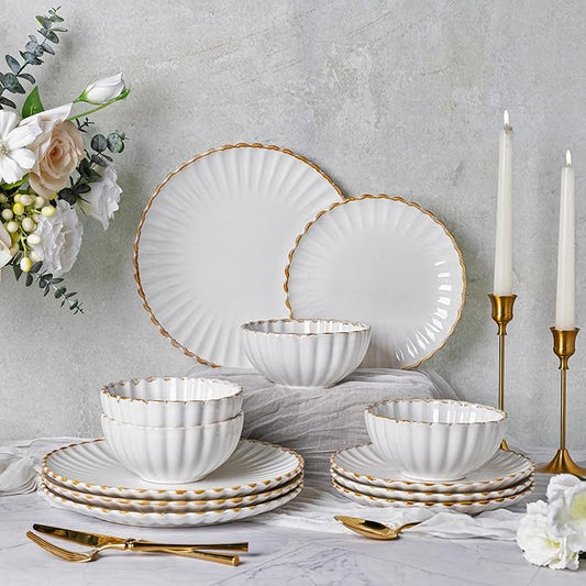 GBHOME Stoneware Dinnerware Sets for 4,Handcrafted Embossed Design Reactive Glaze Ceramic Plates and Bowls, Dishwasher and Microwave Safe, Service for 4(12pcs),Pearl White