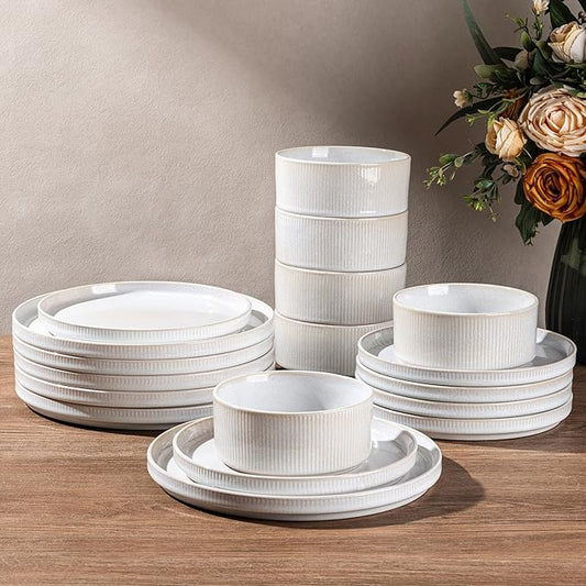 GBHOME 18-Piece Stoneware Dinnerware Set for 6 – Ribbed Ceramic Plates and Bowls, Scratch-Resistant, Microwave & Dishwasher Safe, Reactive Glaze, Sugar White
