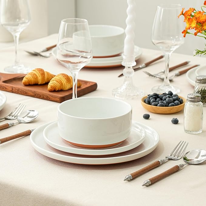 6 Piece Dinnerware Sets for 2, Dual Glaze Stoneware Plates and Bowls Set, Microwave and Dishwasher Safe, Stardust Glaze White