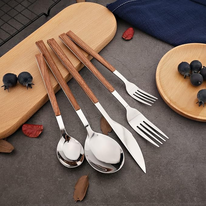 Korean Style Wood Flatware Stainless Steel Fork/Spoon/Knife/Teaspoon with Wooden Square Handle Cutlery Set of 4 Dinnerware for Home, Kitchen, Restaurant, Gift - Silver