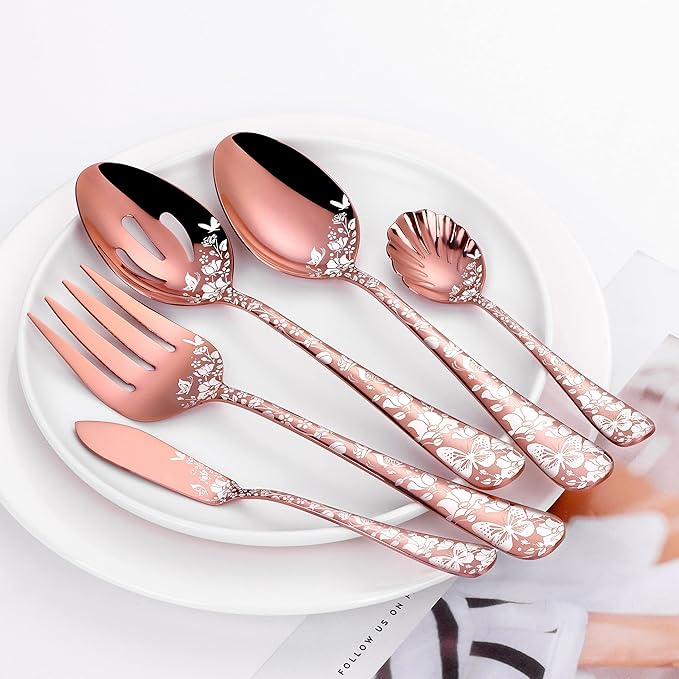 Stapava 53-Piece Copper Silverware Set with Serving Utensils for 8, Stainless Steel Rose Gold Flatware Cutlery Set, Mirror Eating Utensils Tableware with Butterfly Flower Laser, Dishwasher Safe
