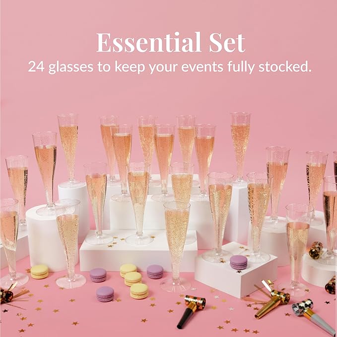 Prestee 24 Piece Plastic Champagne Flutes - 4.5 oz Plastic Wine Glasses with Rose Gold Glitter - Cocktail Glasses for Parties - Party Supplies for Mimosa Bar, Wedding, Shower Party and New Years Eve