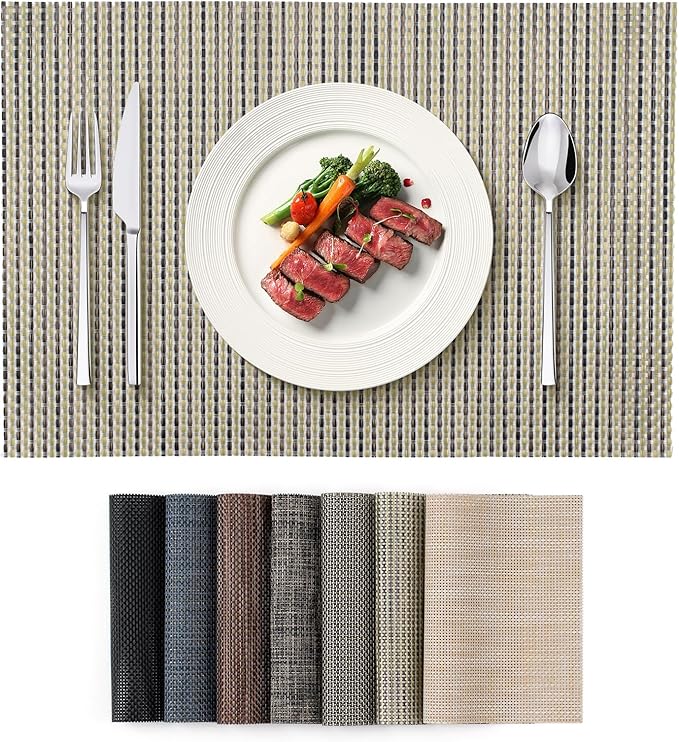 Placemats Set of 4, Heat Resistant Place Mats, Washable PVC Table Mats, Woven Vinyl Plastic Placemats for Dining Table, Non-Slip Stain Resistant Kitchen Table Placemats Easy to Clean?Brown&Green?