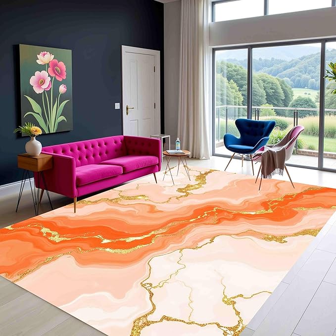 Modern Light Luxury Vibrant Art Aesthetic Deco Indoor Area Rug 2x6 Bright Orange Cream Gold Abstract Marble Texture Large Carpet for Living Room Bedroom Dining Room Soft Anti Slip Floor Mat Big Rugs