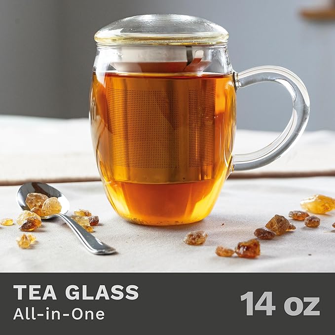 Creano 2pcs All-In-One Tea Glass with Stainless Steel Infuser and Lid - 14oz (400ml)