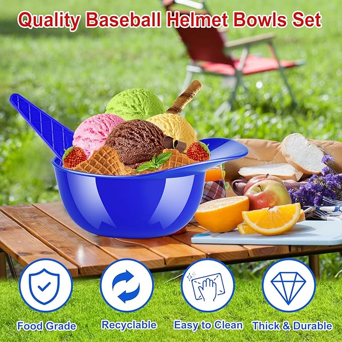 MEEZY 16 Set Baseball Helmet Ice Cream Bowls with 8 Mini Dessert Cups and 8 Spoons, 8oz Reusable Baseball Cap Snack Dessert Cup Bowls Baseball Party Favors for Kids Sports Birthday Party Supplies