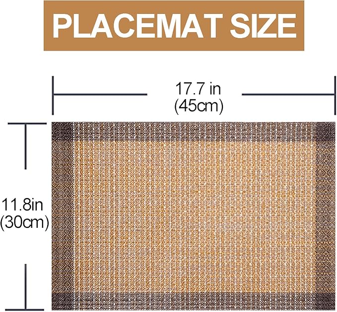 Placemats,PlasticVinyl Washable Heat-Resistant Durable PVC Non-Slip Woven for Kitchen Dining Table Mats (Coffee Gold Silver, Set of 8)