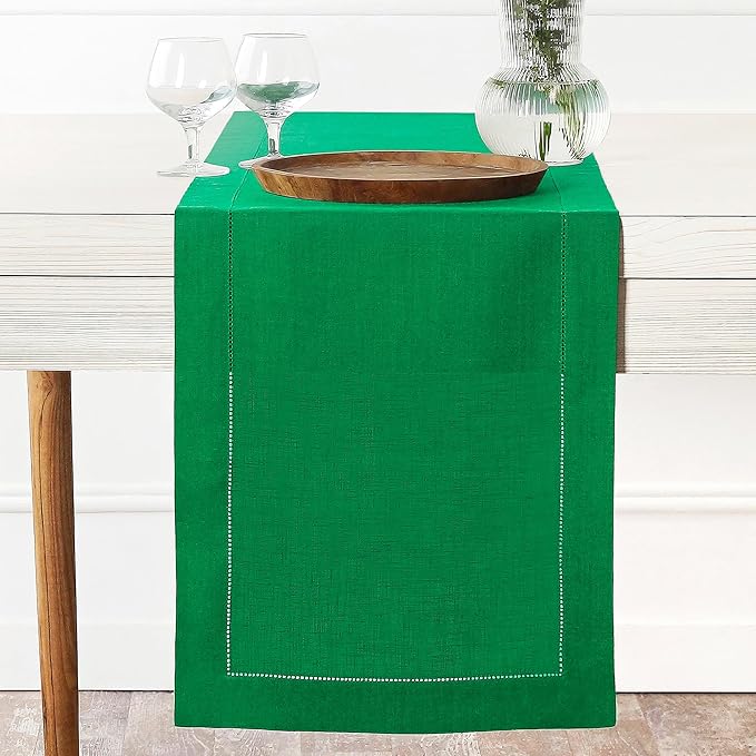 D'Moksha Homes Linen Kelly Green Table Runner 48 Inches - Classic Hemstitch, 100% Pure Linen Coffee Table Runner 14 x 48 Inch Ideal for Dresser Tables - Winter, Christmas, Holiday, New Year