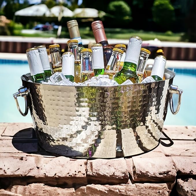 BREKX Stainless Steel Beverage Tub and Ice Bucket with Lid and Scoop Party Combo Pack, Silver Double-Walled Insulated Barware Set
