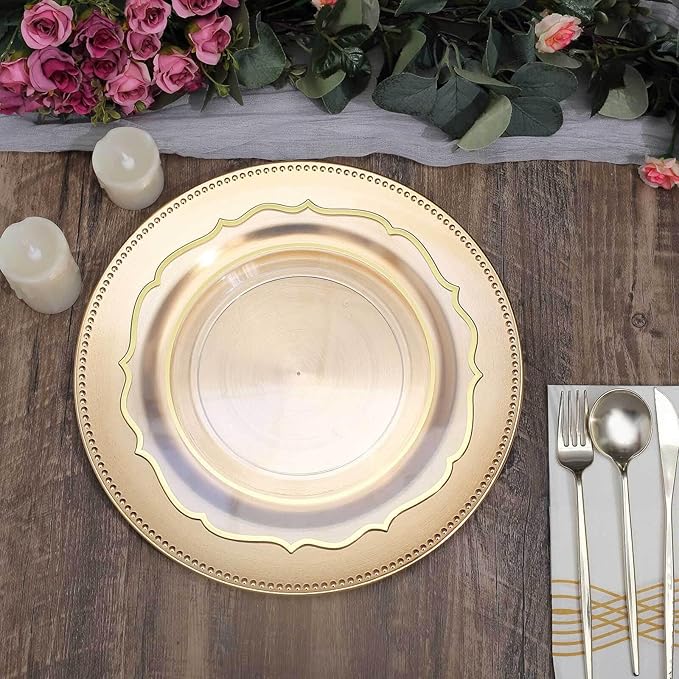 13" Charger Plates -Set of 12 - Acrylic Gold Round Beaded Disposable Chargers, Ideal for Dinner Party Wedding Bulk Events Tabletop Decoration