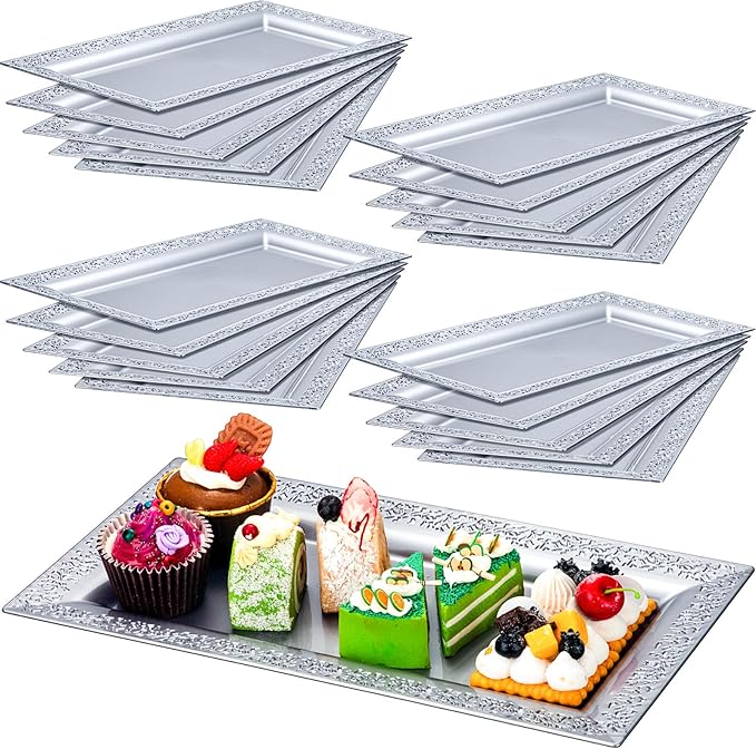 Maxcheck 24 Pcs Plastic Serving Tray Platter Set 14 x 7.5 Inches Lace Rim Serving Trays for Food Dessert Fruit Cupcake Weddings Table Parties Display(Sliver)